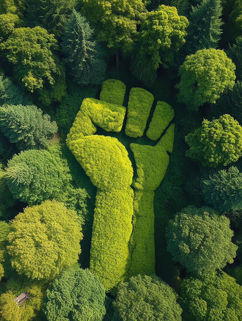 A dense forest with vibrant green trees